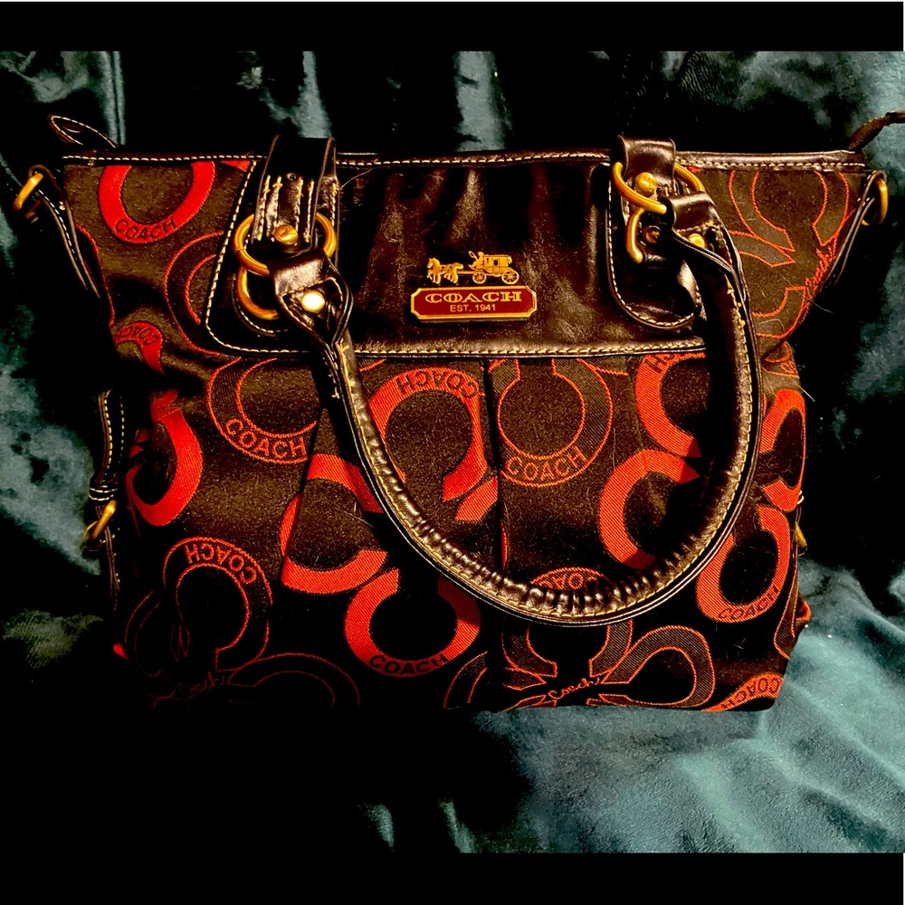 Coach Black Tote with Red Signature Circle Pattern